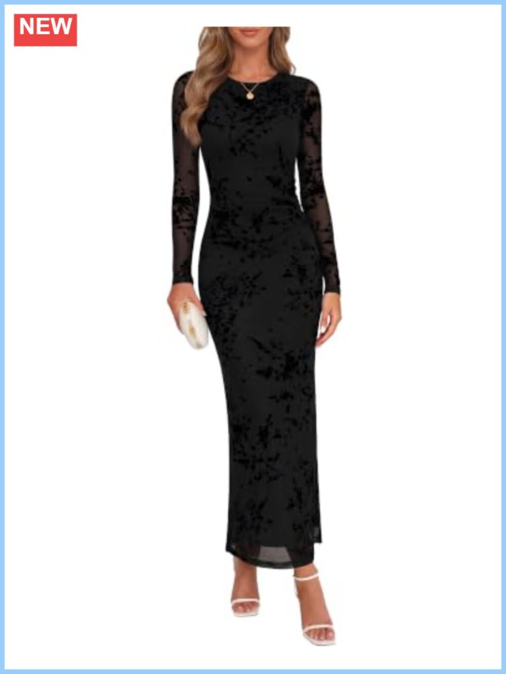 Women's Formal Wedding Guest Mesh Maxi Dress Long Sleeve Crew Neck Ruched